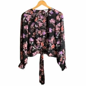 bar III Black Sheer Purple Floral Shirt Sz S